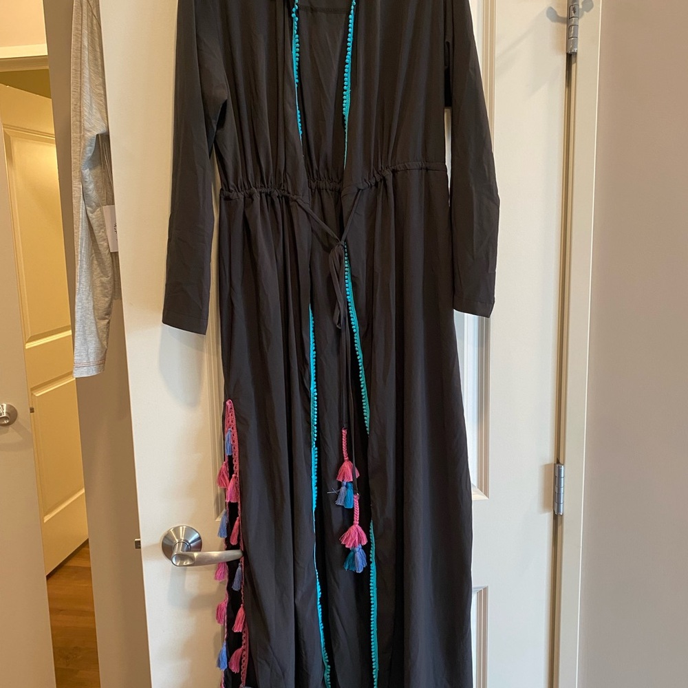 Black Maxi beach coverup with Colorful Tassels